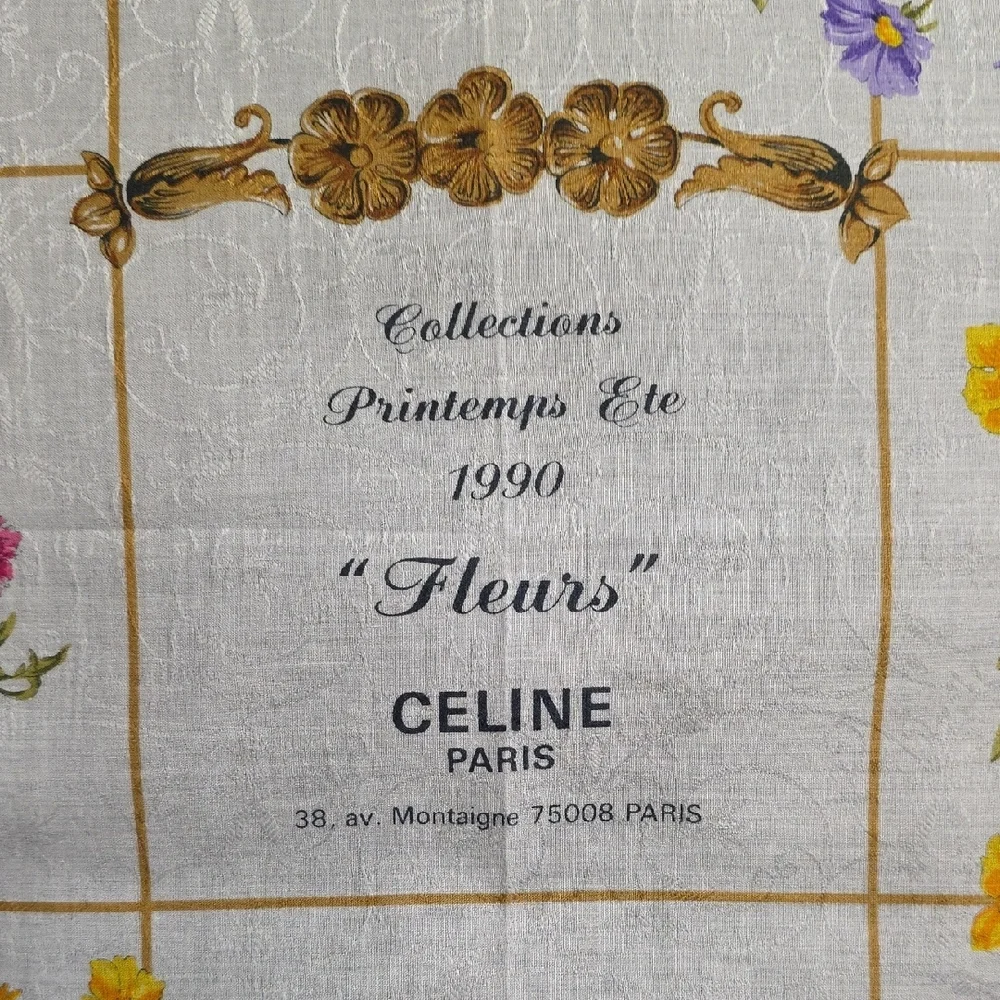 Vintage Celine Floral Silk Scarf with Navy and Red Border
